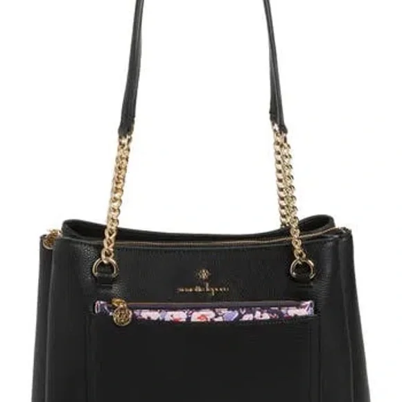 Nanette Lepore Black and Plum Blossom Women's Bag Gold Chain Bonus Pouch NWT - Picture 2 of 5